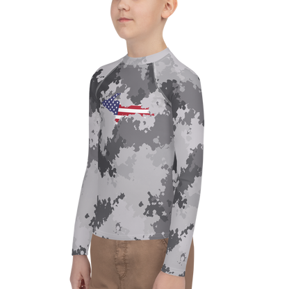 Michigan Upper Peninsula Rash Guard (w/ UP USA Flag) | Youth - Iron Ore Camo