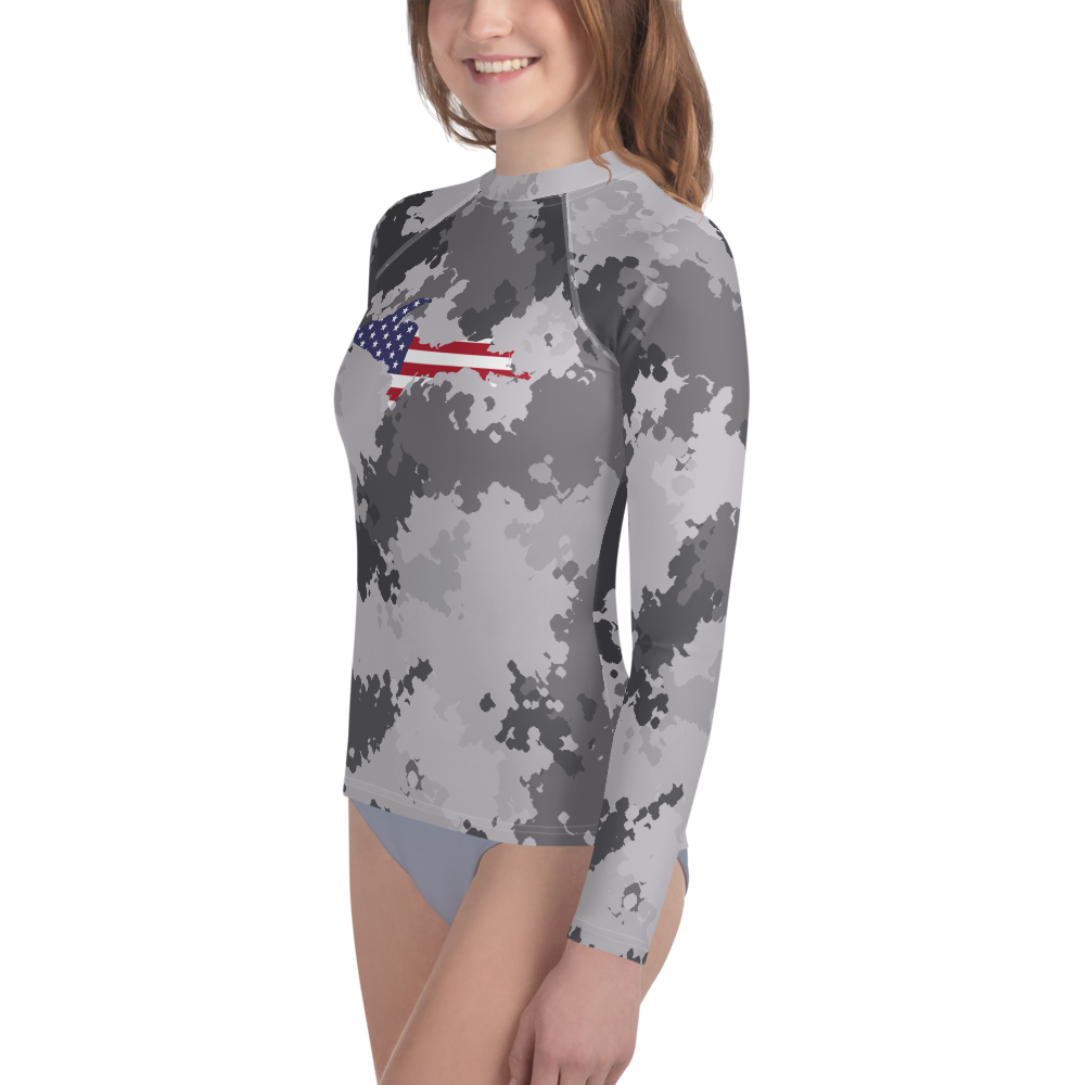 Michigan Upper Peninsula Rash Guard (w/ UP USA Flag) | Youth - Iron Ore Camo