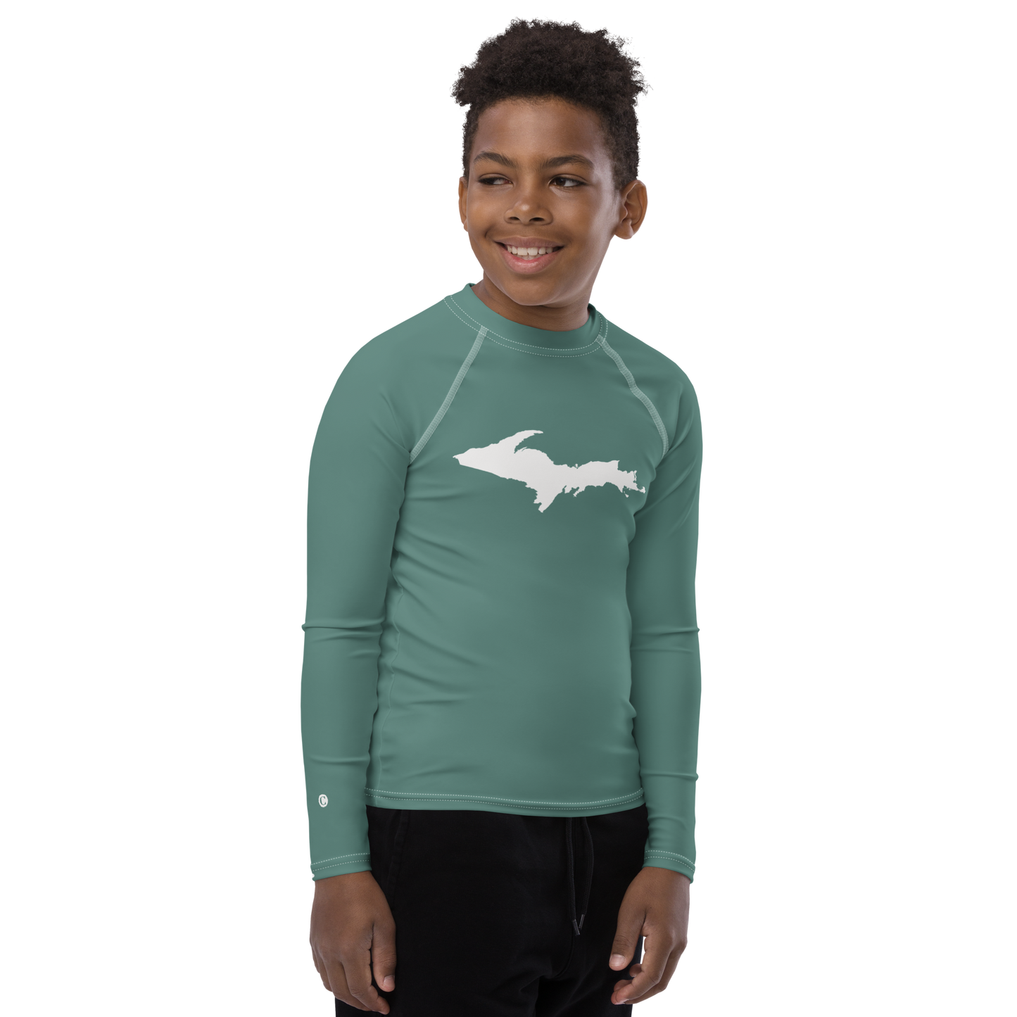 Michigan Upper Peninsula Rash Guard (w/ UP Outline) | Youth - Copper Green