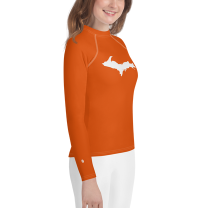 Michigan Upper Peninsula Rash Guard (w/ UP Outline) | Youth - Maple Leaf Orange