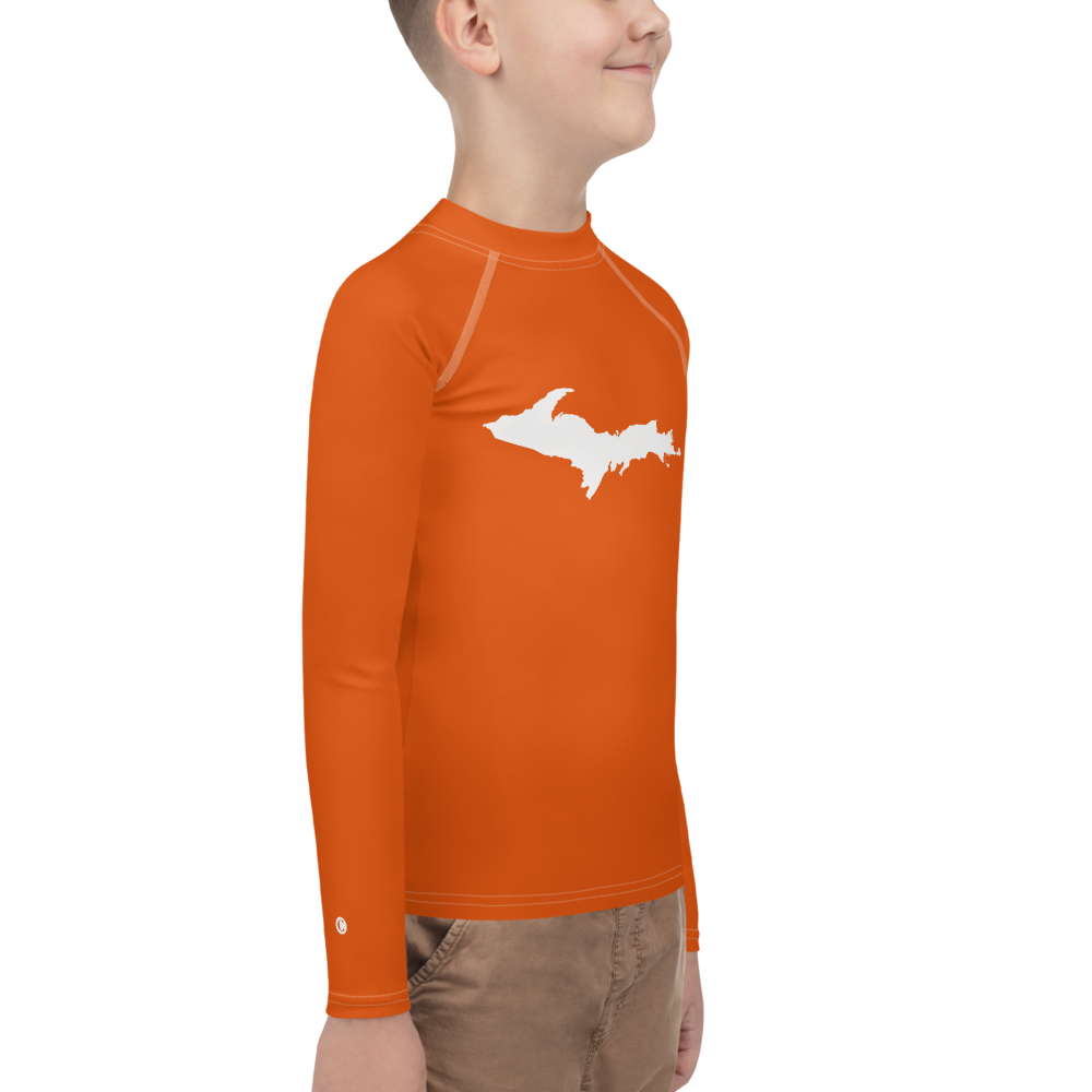 Michigan Upper Peninsula Rash Guard (w/ UP Outline) | Youth - Maple Leaf Orange