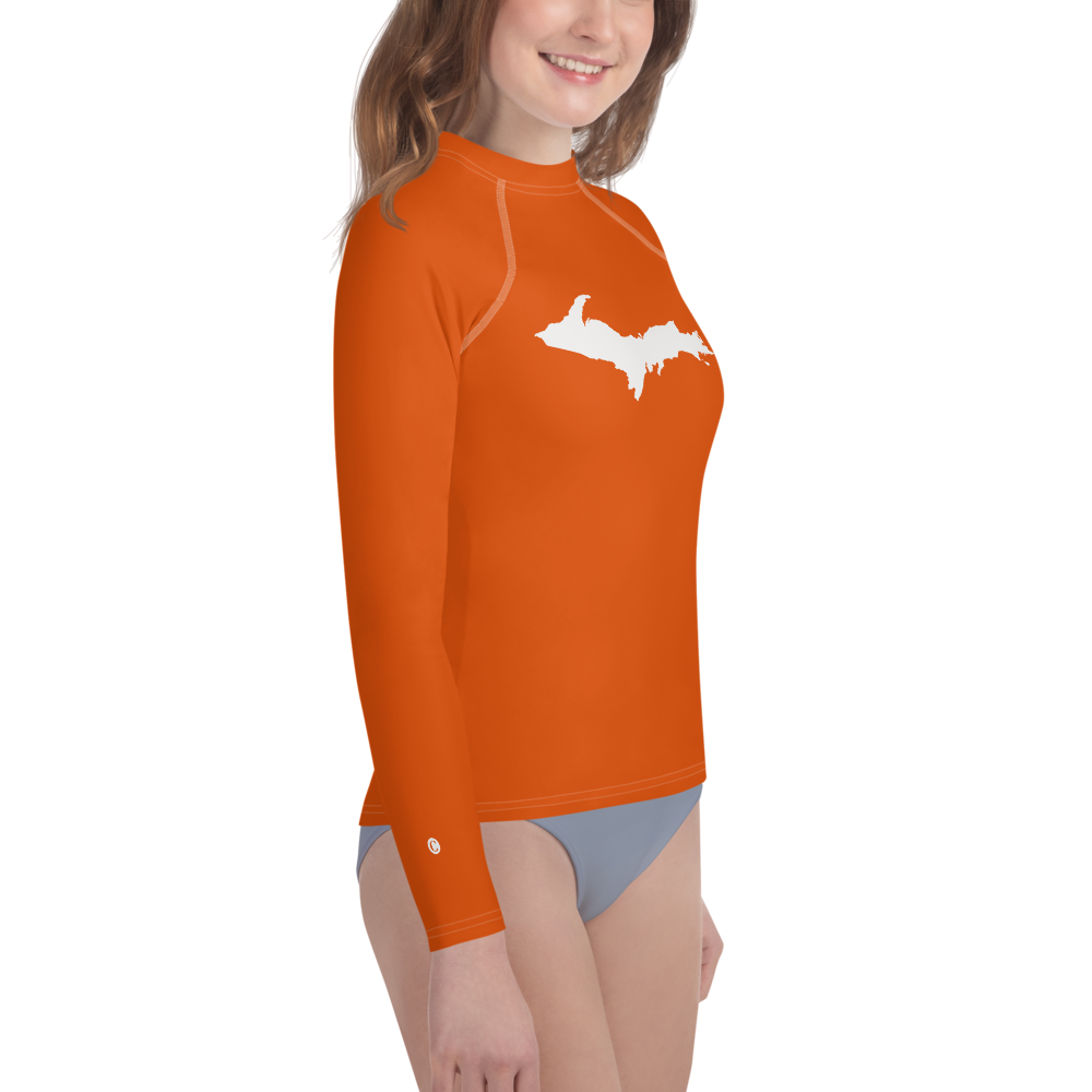 Michigan Upper Peninsula Rash Guard (w/ UP Outline) | Youth - Maple Leaf Orange