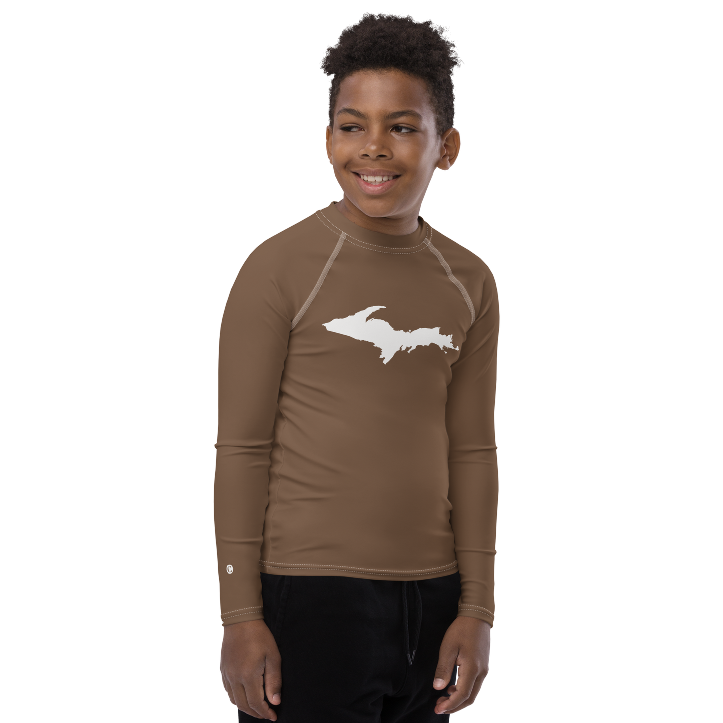 Michigan Upper Peninsula Rash Guard (w/ UP Outline) | Youth - Coffee Color