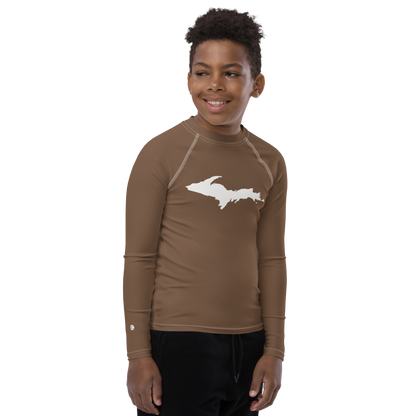 Michigan Upper Peninsula Rash Guard (w/ UP Outline) | Youth - Coffee Color