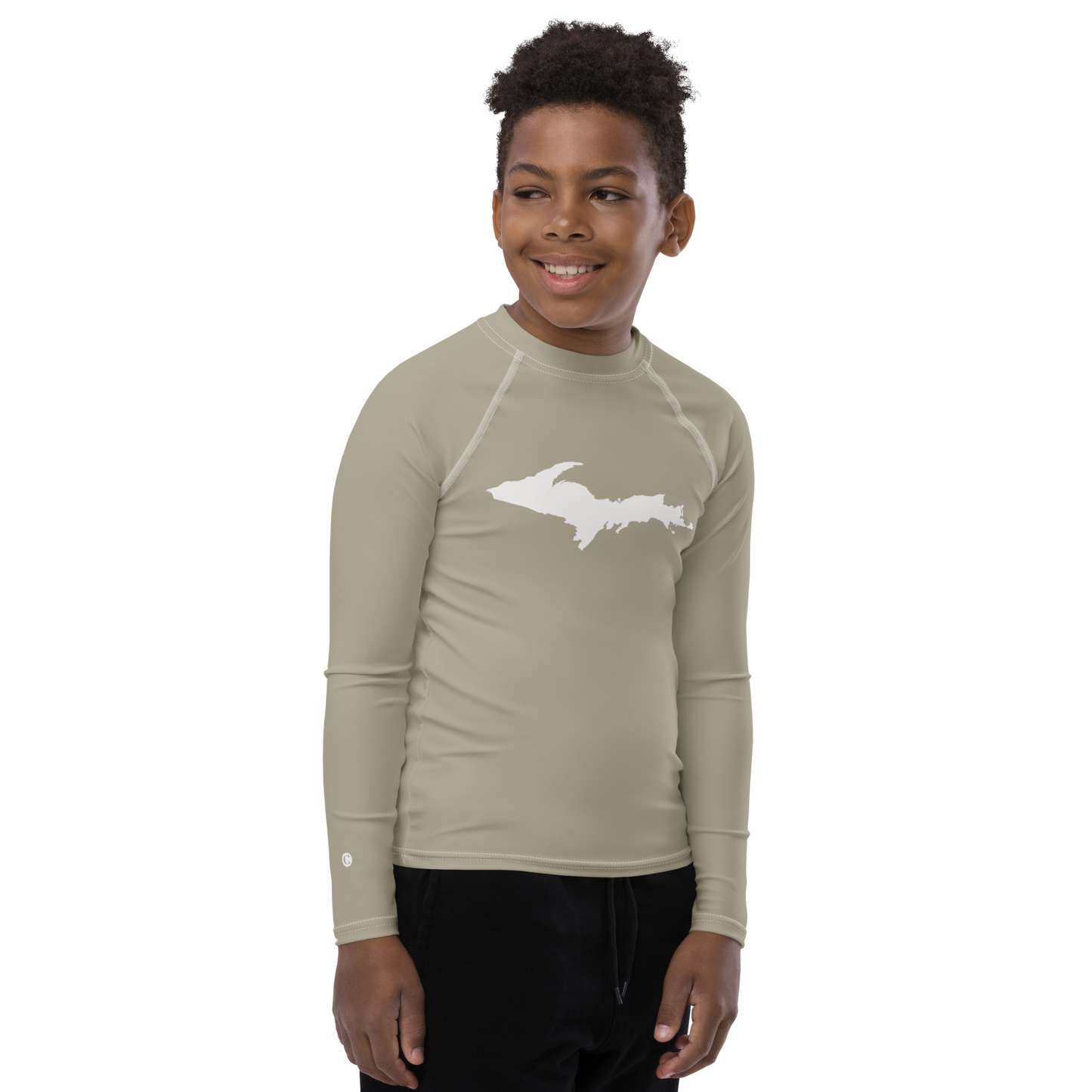 Michigan Upper Peninsula Rash Guard (w/ UP Outline) | Youth - Petoskey Stone Beige