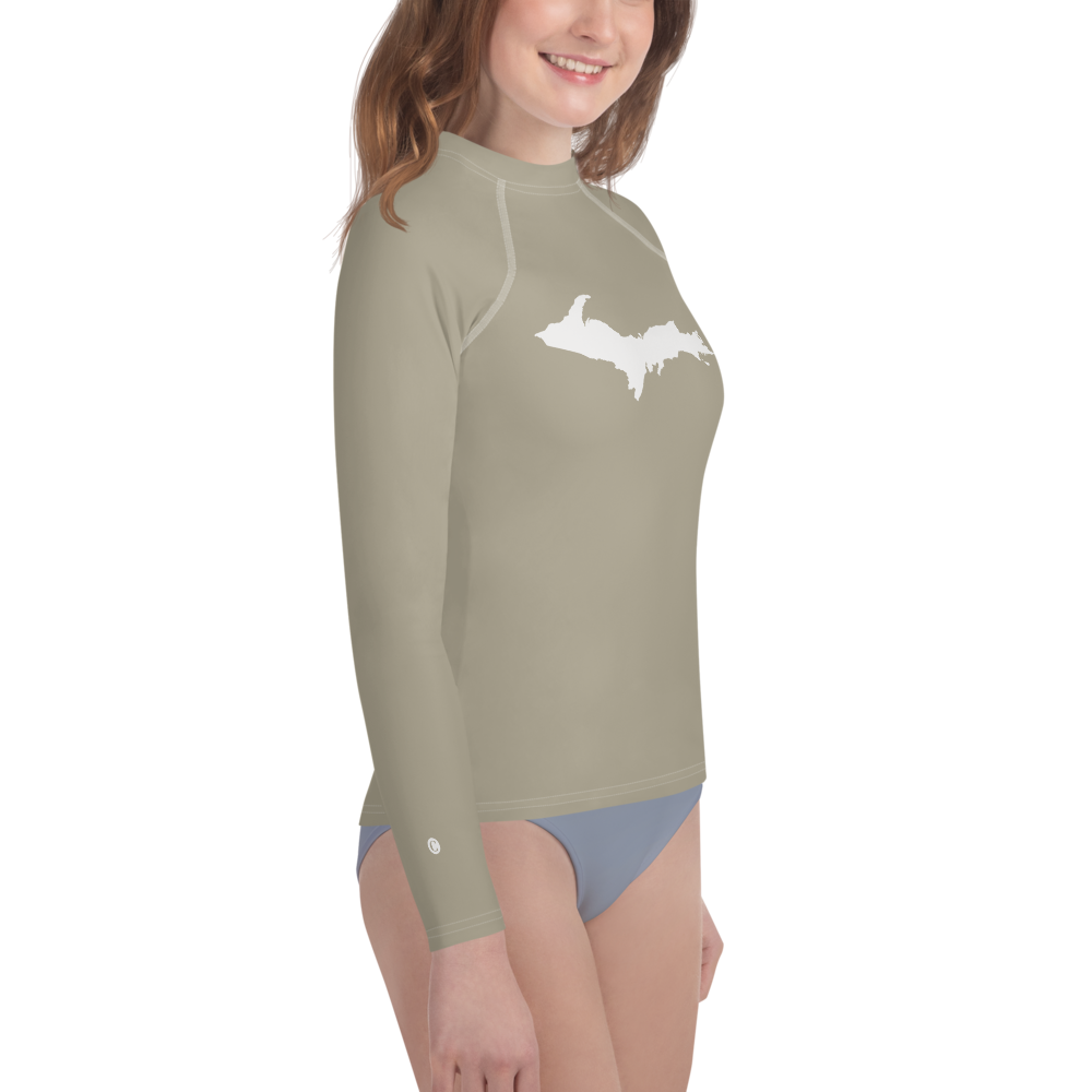 Michigan Upper Peninsula Rash Guard (w/ UP Outline) | Youth - Petoskey Stone Beige