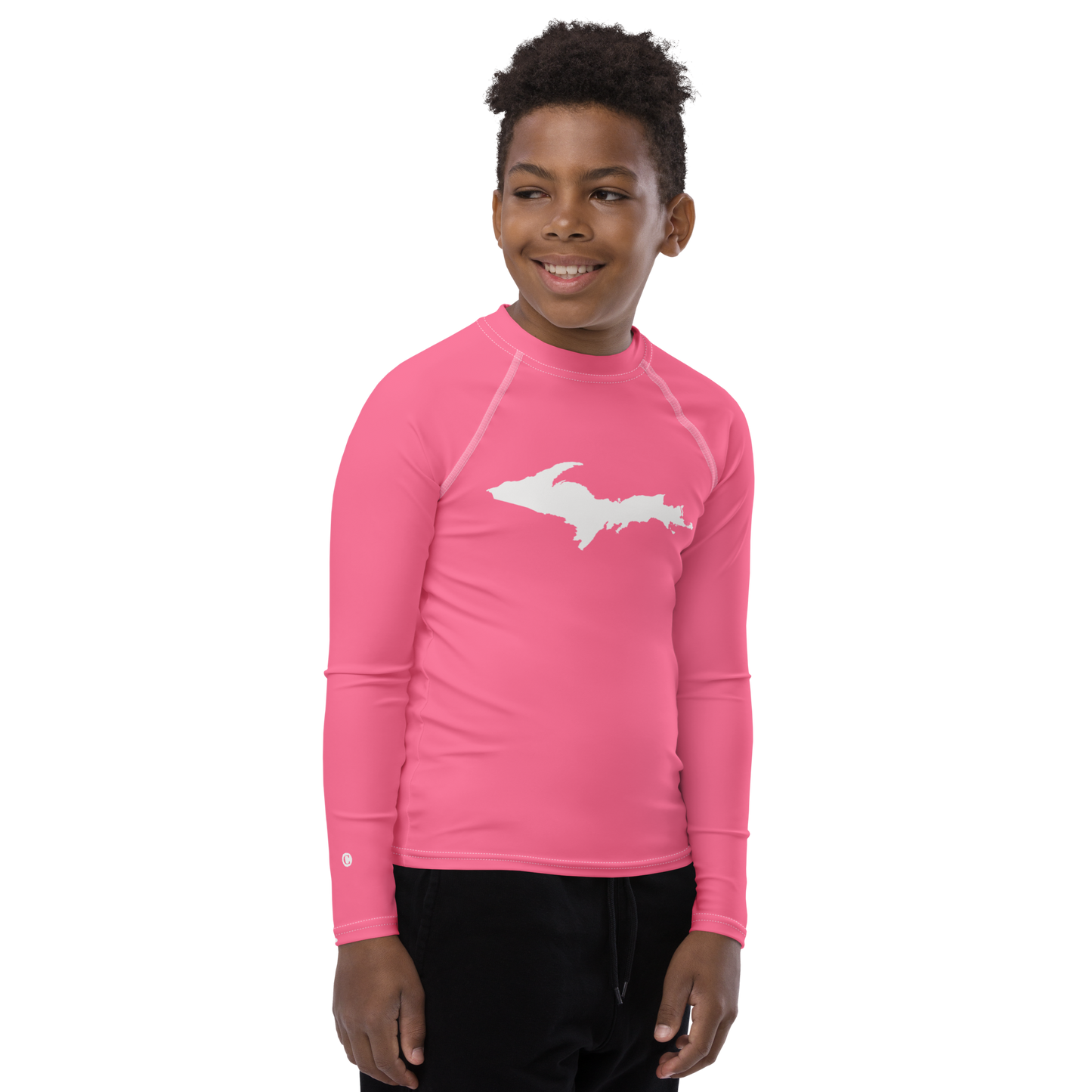 Michigan Upper Peninsula Rash Guard (w/ UP Outline) | Youth - Rhodochrosite Pink