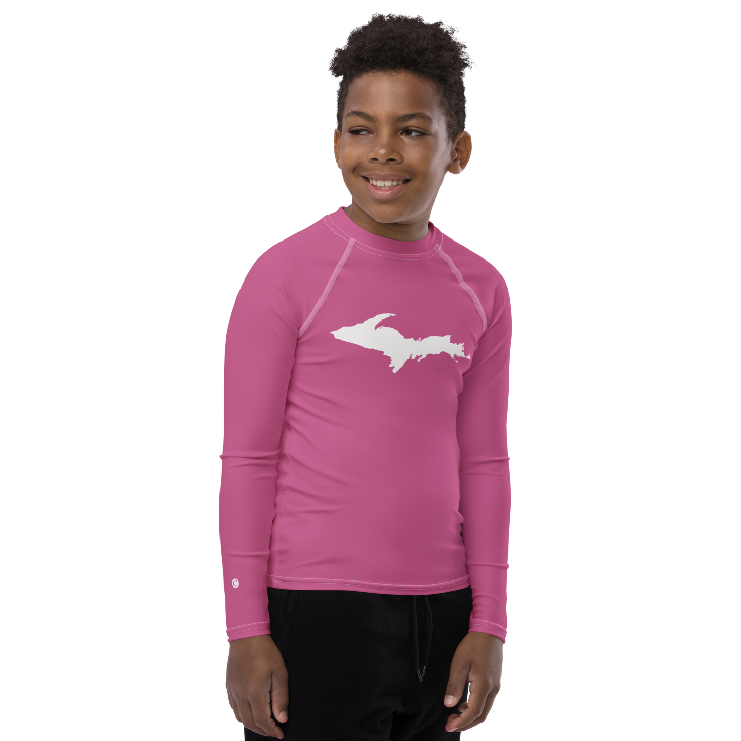 Michigan Upper Peninsula Rash Guard (w/ UP Outline) | Youth - Apple Blossom Pink