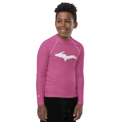 Michigan Upper Peninsula Rash Guard (w/ UP Outline) | Youth - Apple Blossom Pink