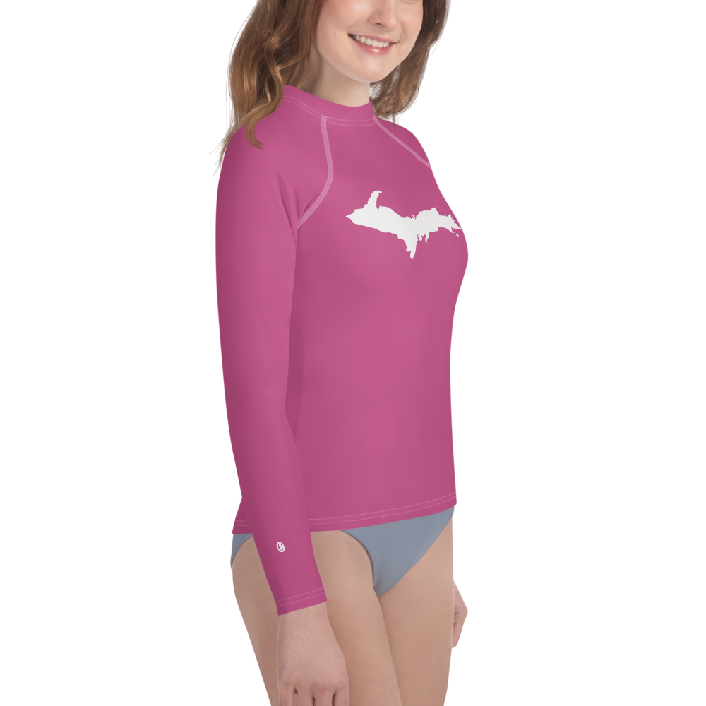 Michigan Upper Peninsula Rash Guard (w/ UP Outline) | Youth - Apple Blossom Pink