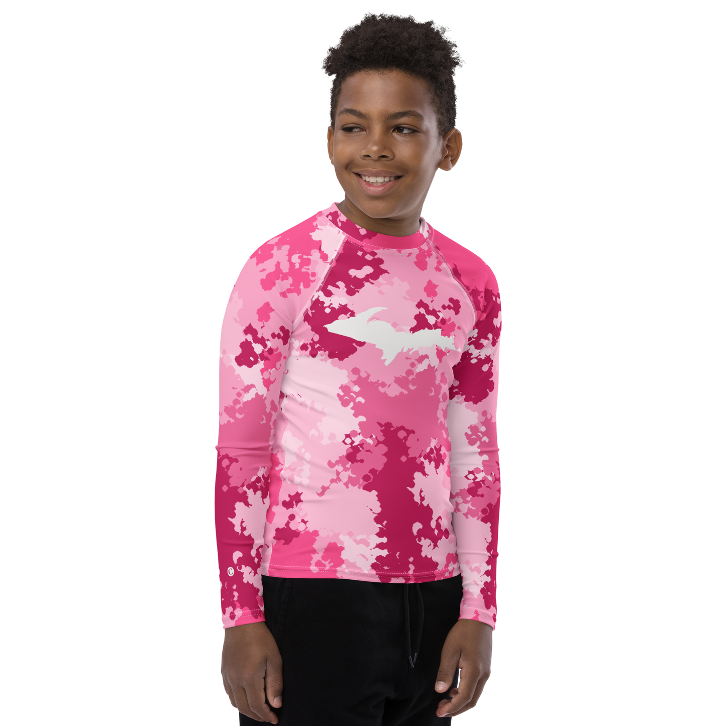 Michigan Upper Peninsula Rash Guard (w/ UP Outline) | Youth - Pink Camo