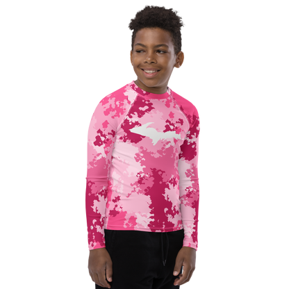 Michigan Upper Peninsula Rash Guard (w/ UP Outline) | Youth - Pink Camo