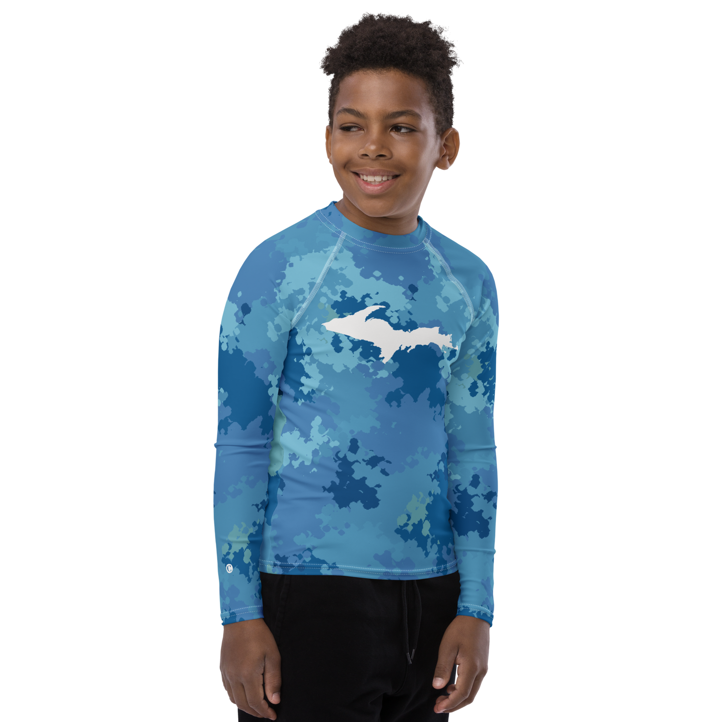 Michigan Upper Peninsula Rash Guard (w/ UP Outline) | Youth - Great Lakes Camo