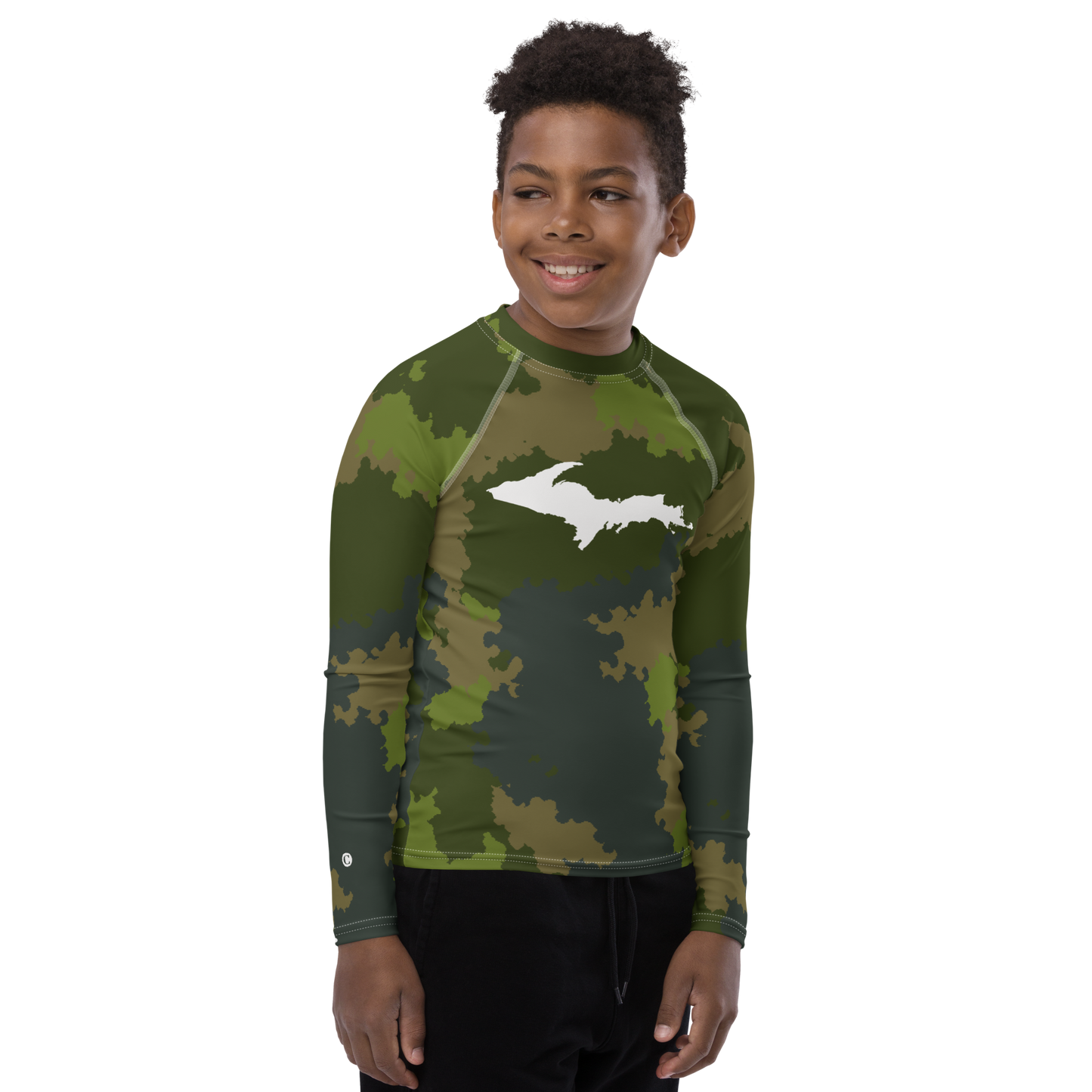 Michigan Upper Peninsula Rash Guard (w/ UP Outline) | Youth - Woodland Camo