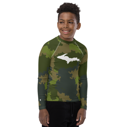 Michigan Upper Peninsula Rash Guard (w/ UP Outline) | Youth - Woodland Camo