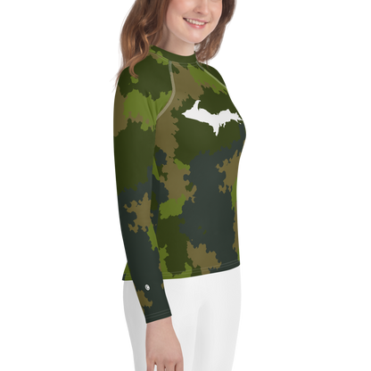 Michigan Upper Peninsula Rash Guard (w/ UP Outline) | Youth - Woodland Camo