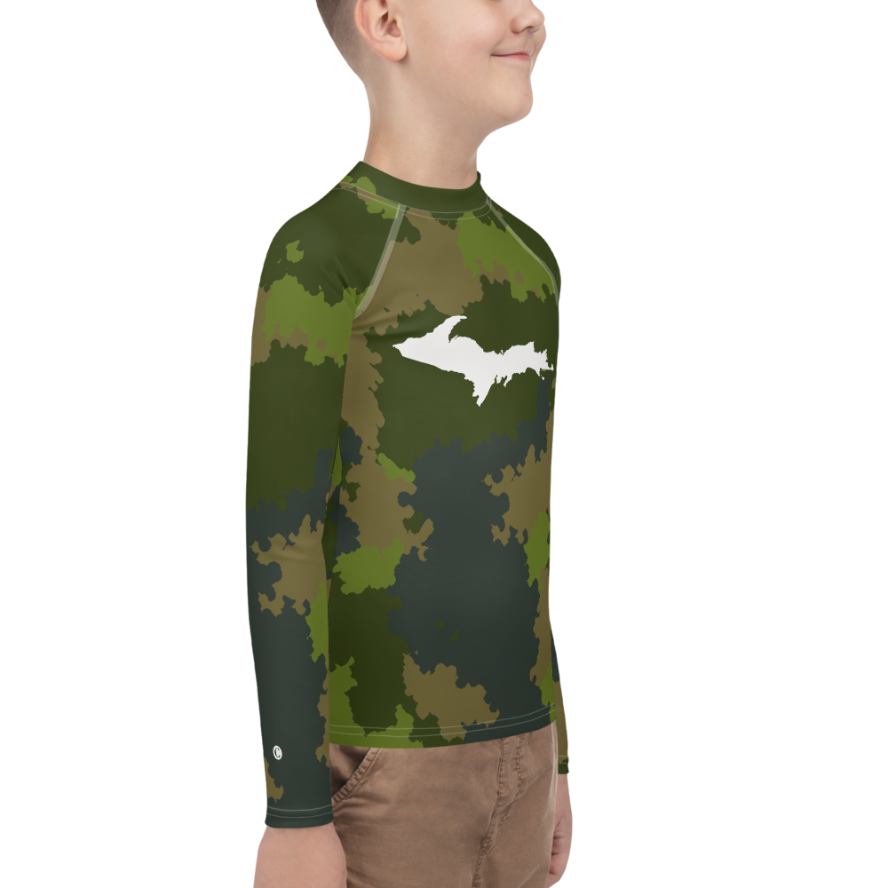 Michigan Upper Peninsula Rash Guard (w/ UP Outline) | Youth - Woodland Camo