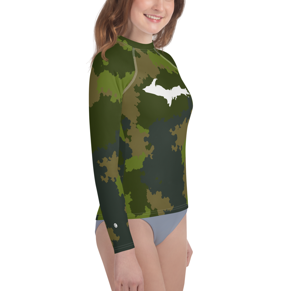 Michigan Upper Peninsula Rash Guard (w/ UP Outline) | Youth - Woodland Camo