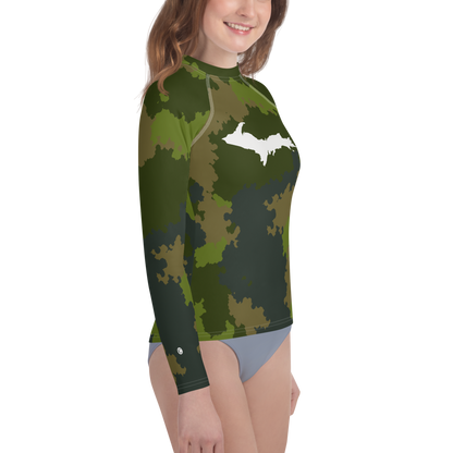 Michigan Upper Peninsula Rash Guard (w/ UP Outline) | Youth - Woodland Camo