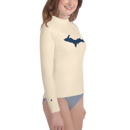 Michigan Upper Peninsula Rash Guard (w/ UP Outline) | Youth - Champagne White