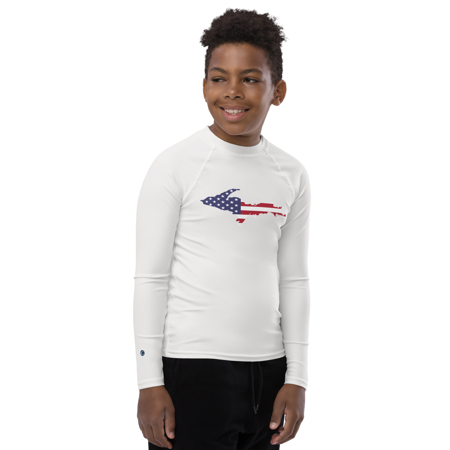 Michigan Upper Peninsula Rash Guard (w/ UP USA Flag) | Youth - Birch Bark White