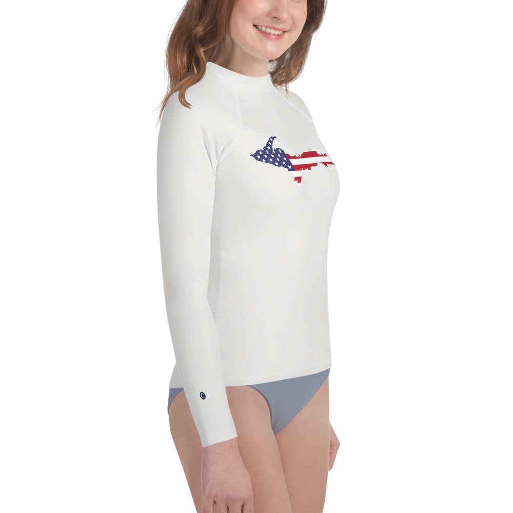 Michigan Upper Peninsula Rash Guard (w/ UP USA Flag) | Youth - Birch Bark White