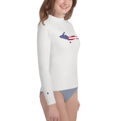 Michigan Upper Peninsula Rash Guard (w/ UP USA Flag) | Youth - Birch Bark White