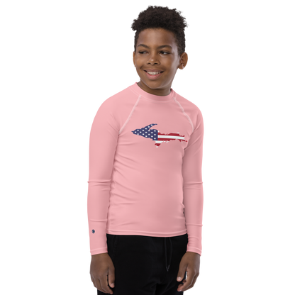 Michigan Upper Peninsula Rash Guard (w/ UP USA Flag) | Youth - Strawberry Pink