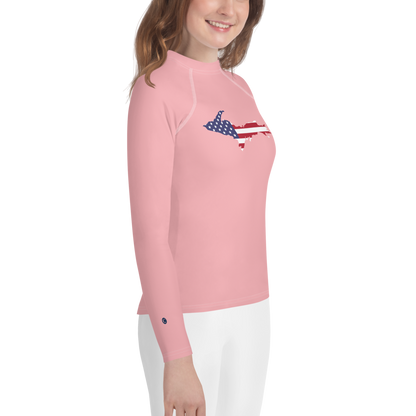 Michigan Upper Peninsula Rash Guard (w/ UP USA Flag) | Youth - Strawberry Pink