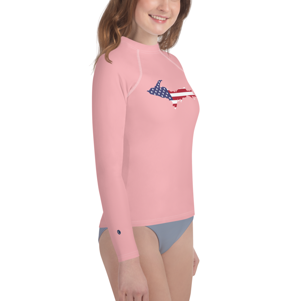 Michigan Upper Peninsula Rash Guard (w/ UP USA Flag) | Youth - Strawberry Pink