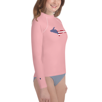 Michigan Upper Peninsula Rash Guard (w/ UP USA Flag) | Youth - Strawberry Pink