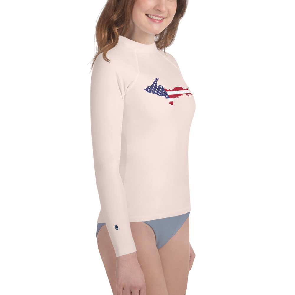 Michigan Upper Peninsula Rash Guard (w/ UP USA Flag) | Youth - Champagne Pink