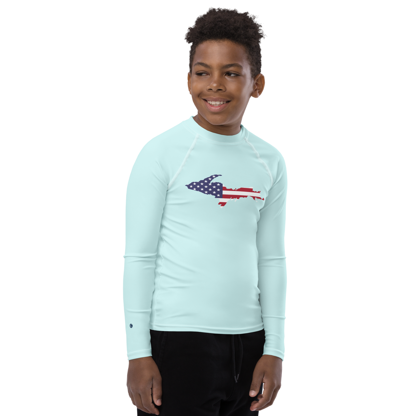 Michigan Upper Peninsula Rash Guard (w/ UP USA Flag) | Youth - Cyan