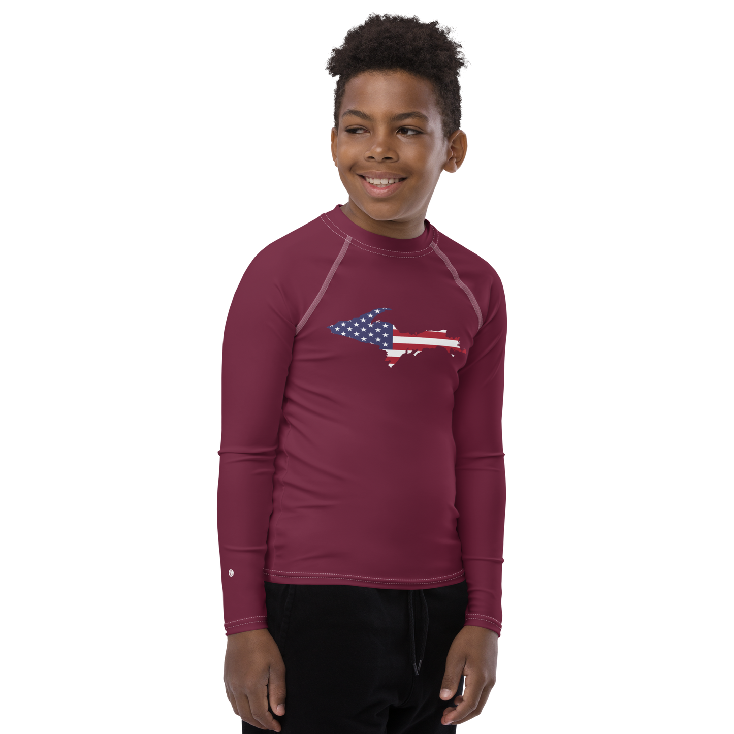 Michigan Upper Peninsula Rash Guard (w/ UP USA Flag) | Youth - Old Mission Burgundy