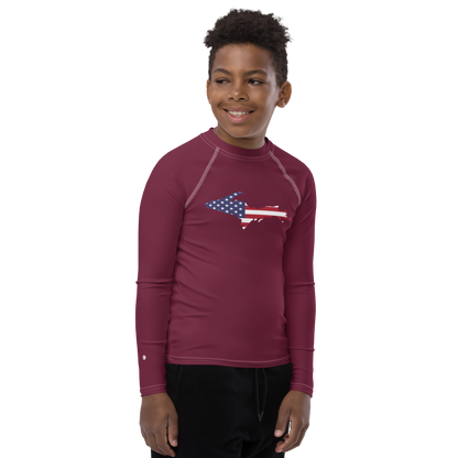 Michigan Upper Peninsula Rash Guard (w/ UP USA Flag) | Youth - Old Mission Burgundy