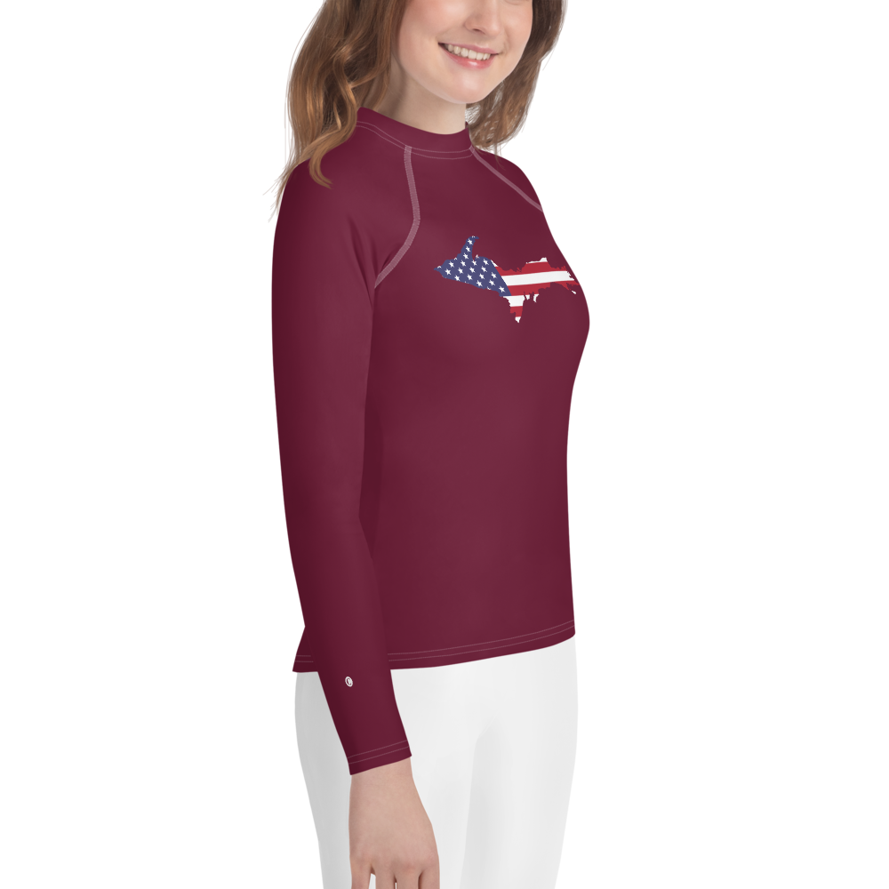 Michigan Upper Peninsula Rash Guard (w/ UP USA Flag) | Youth - Old Mission Burgundy