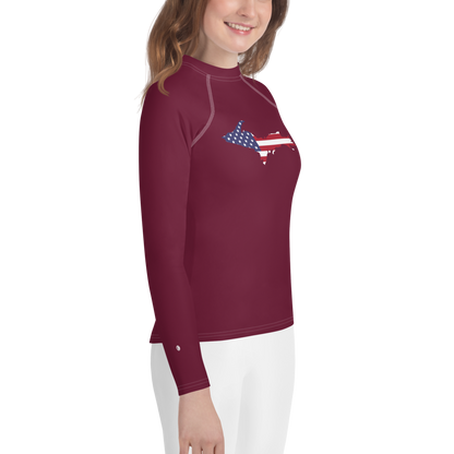 Michigan Upper Peninsula Rash Guard (w/ UP USA Flag) | Youth - Old Mission Burgundy