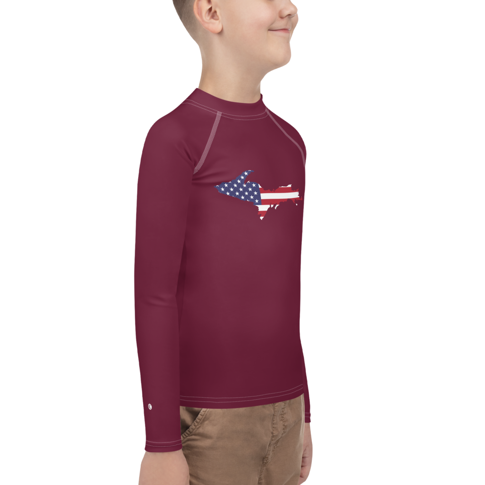 Michigan Upper Peninsula Rash Guard (w/ UP USA Flag) | Youth - Old Mission Burgundy