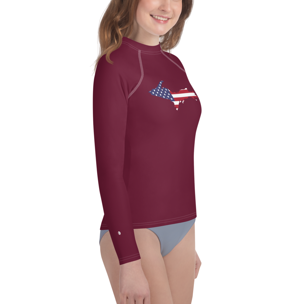 Michigan Upper Peninsula Rash Guard (w/ UP USA Flag) | Youth - Old Mission Burgundy