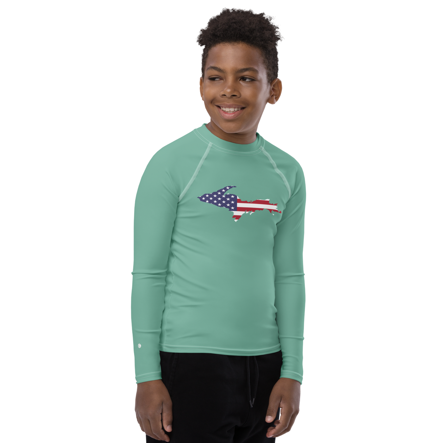 Michigan Upper Peninsula Rash Guard (w/ UP USA Flag) | Youth - Metallic Mint Green