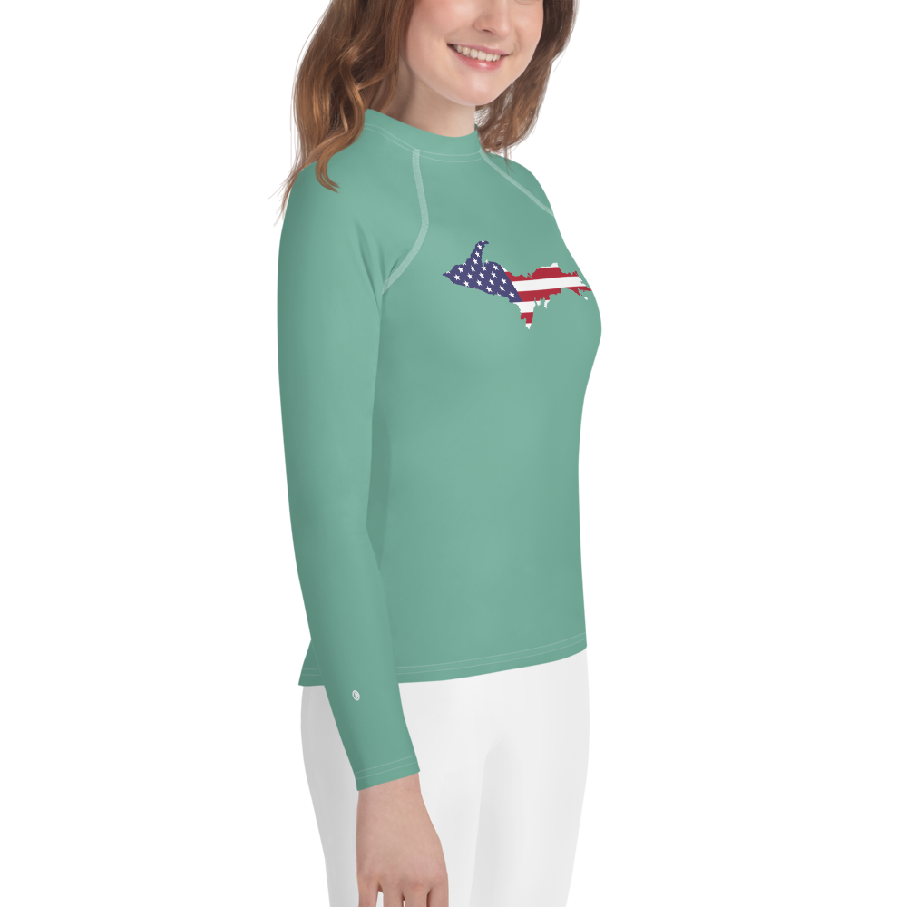 Michigan Upper Peninsula Rash Guard (w/ UP USA Flag) | Youth - Metallic Mint Green