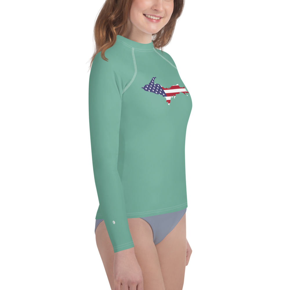 Michigan Upper Peninsula Rash Guard (w/ UP USA Flag) | Youth - Metallic Mint Green