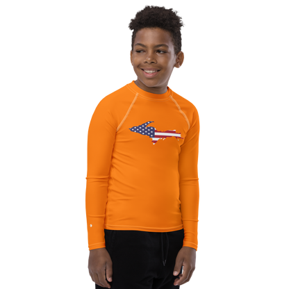 Michigan Upper Peninsula Rash Guard (w/ UP USA Flag) | Youth - Safety Orange