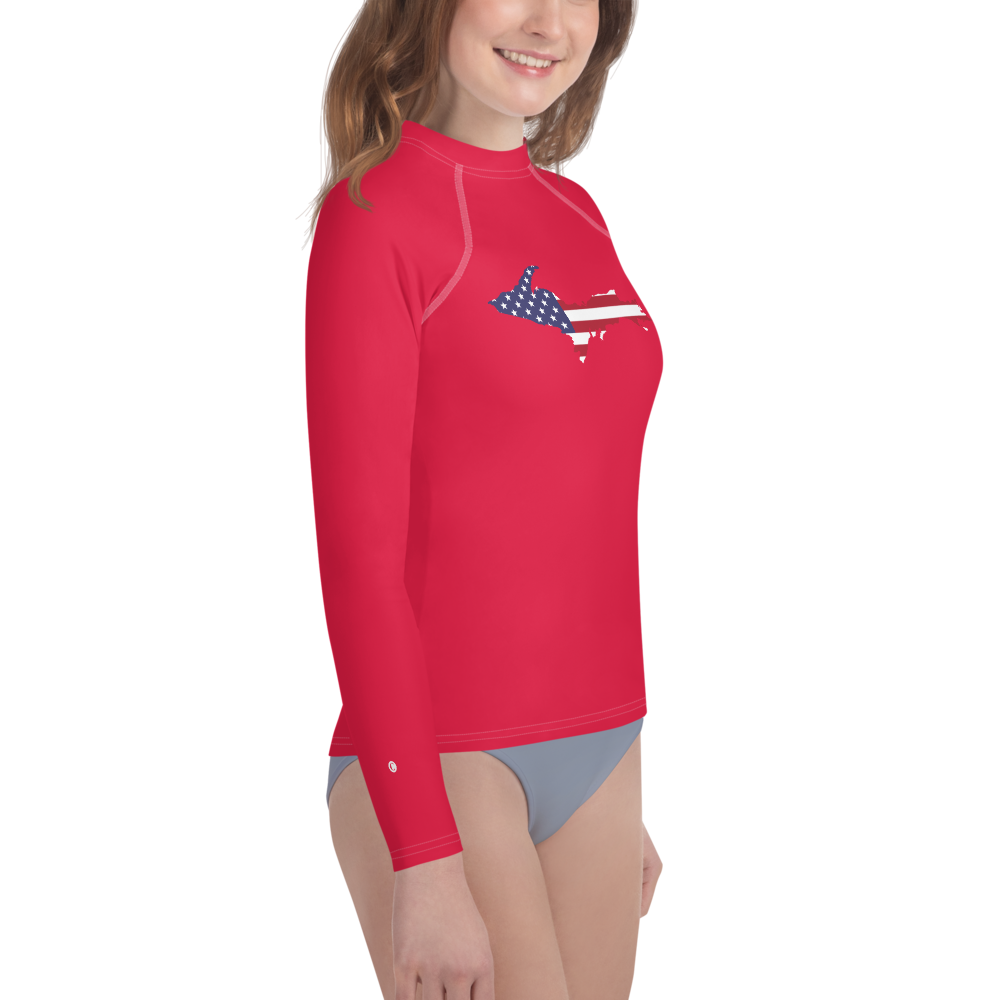 Michigan Upper Peninsula Rash Guard (w/ UP USA Flag) | Youth - Lighthouse Red