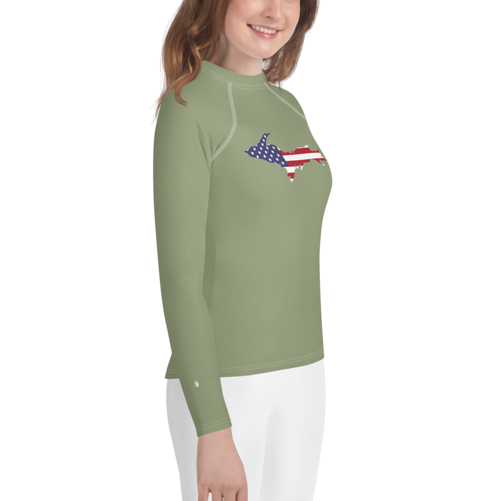 Michigan Upper Peninsula Rash Guard (w/ UP USA Flag) | Youth - Beachgrass Green