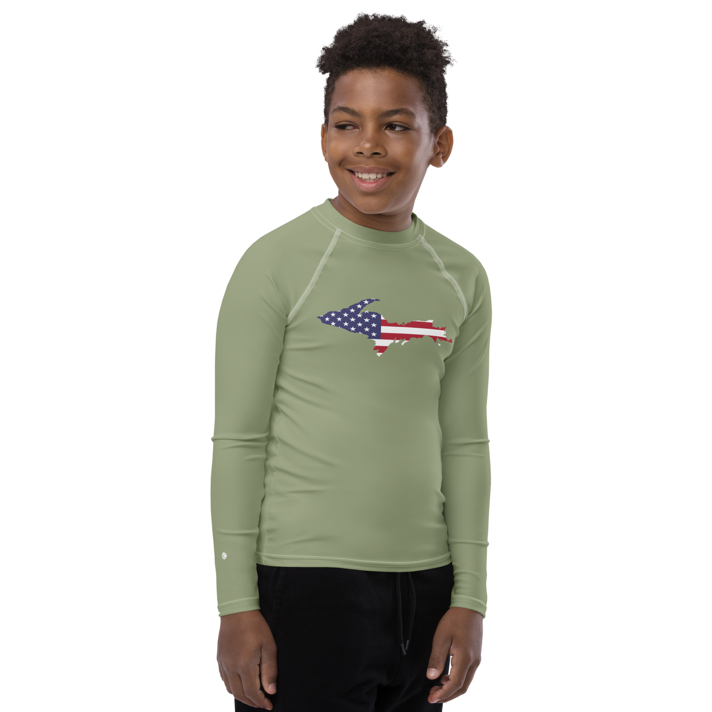 Michigan Upper Peninsula Rash Guard (w/ UP USA Flag) | Youth - Beachgrass Green