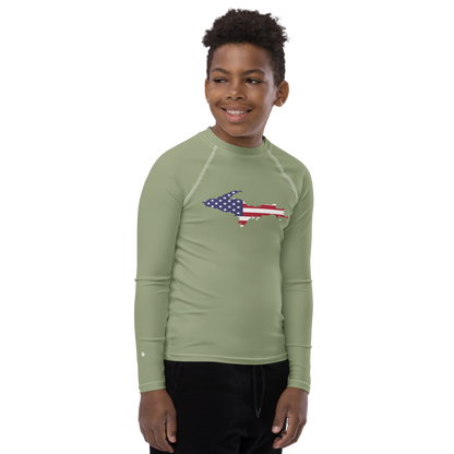 Michigan Upper Peninsula Rash Guard (w/ UP USA Flag) | Youth - Beachgrass Green