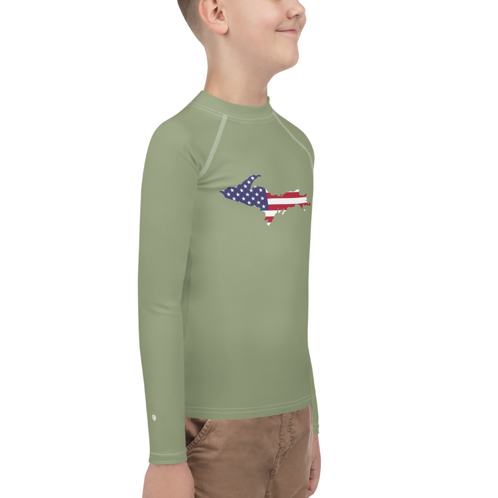 Michigan Upper Peninsula Rash Guard (w/ UP USA Flag) | Youth - Beachgrass Green