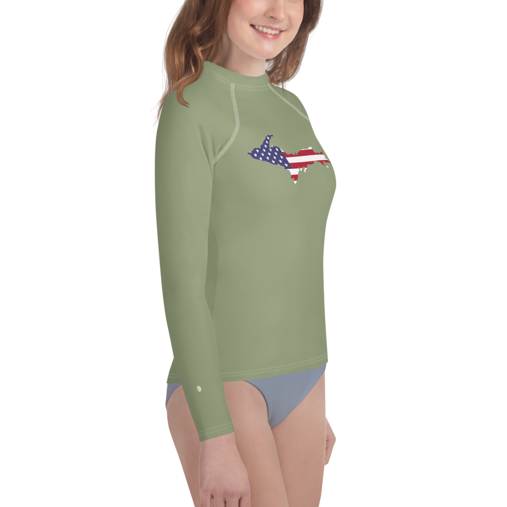 Michigan Upper Peninsula Rash Guard (w/ UP USA Flag) | Youth - Beachgrass Green