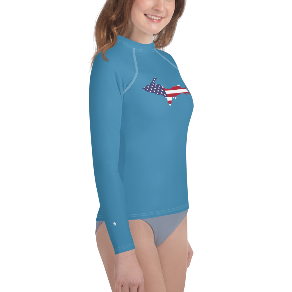 Michigan Upper Peninsula Rash Guard (w/ UP USA Flag) | Youth - Lake Michigan Blue